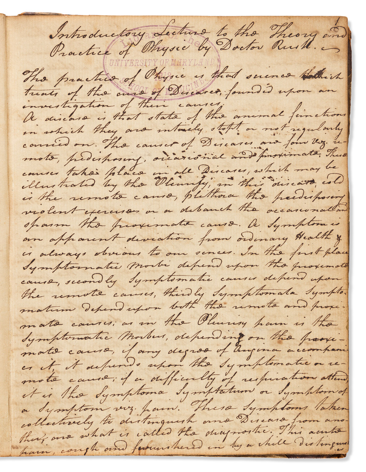 Rush, Benjamin (1745-1813) Student Lecture Notes on Rushs The Theory and Practice of Physic.